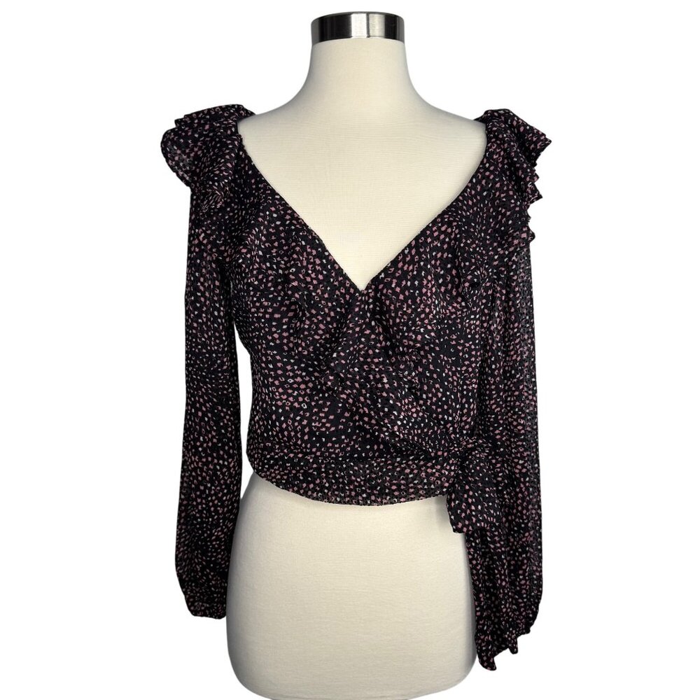 Express Cropped Black Long Sleeve Wrap-Style Blouse with Ruffle V-Neck Size XS